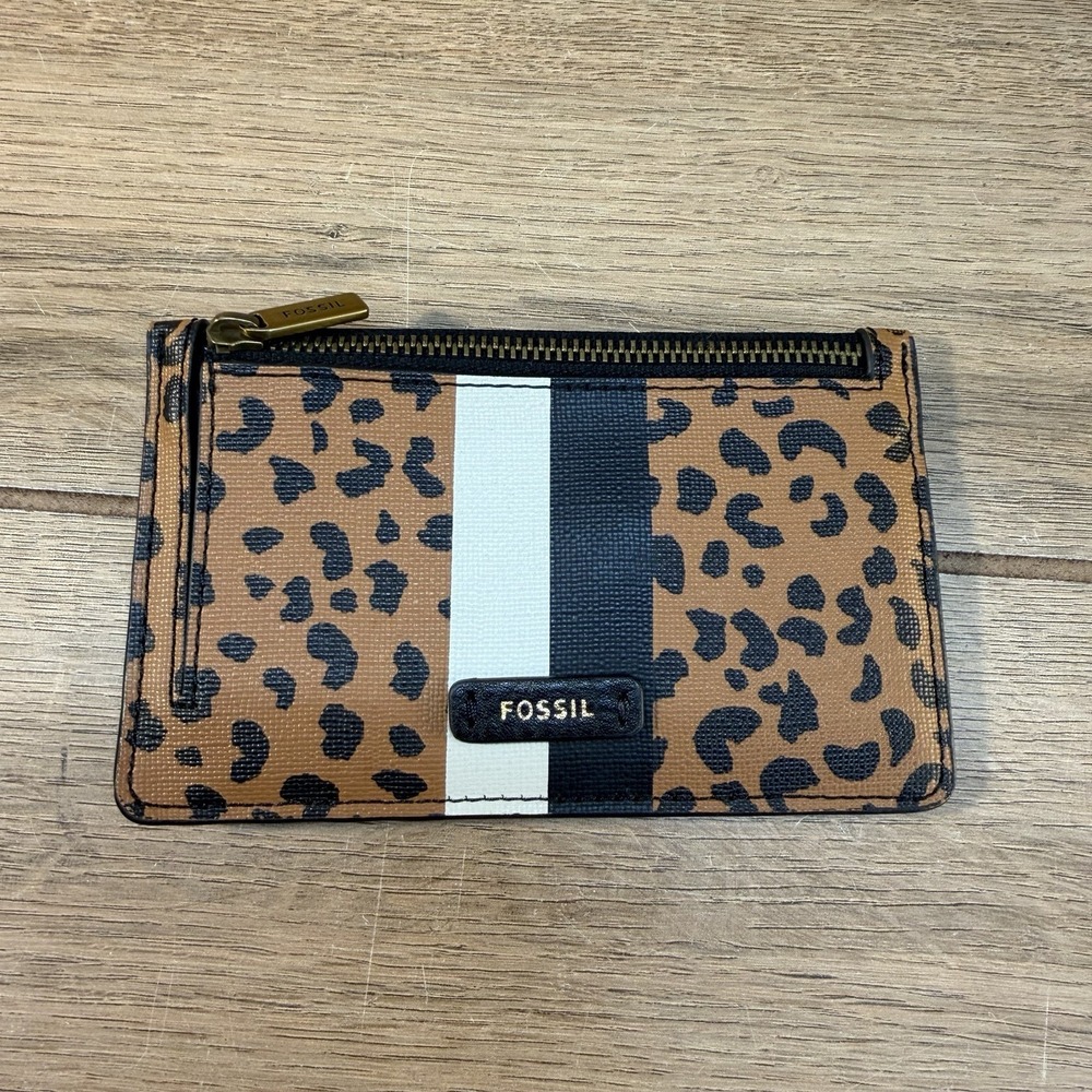 Fossil Logan RFID Zip Card Case Leopard Key Ring Brown Black Travel